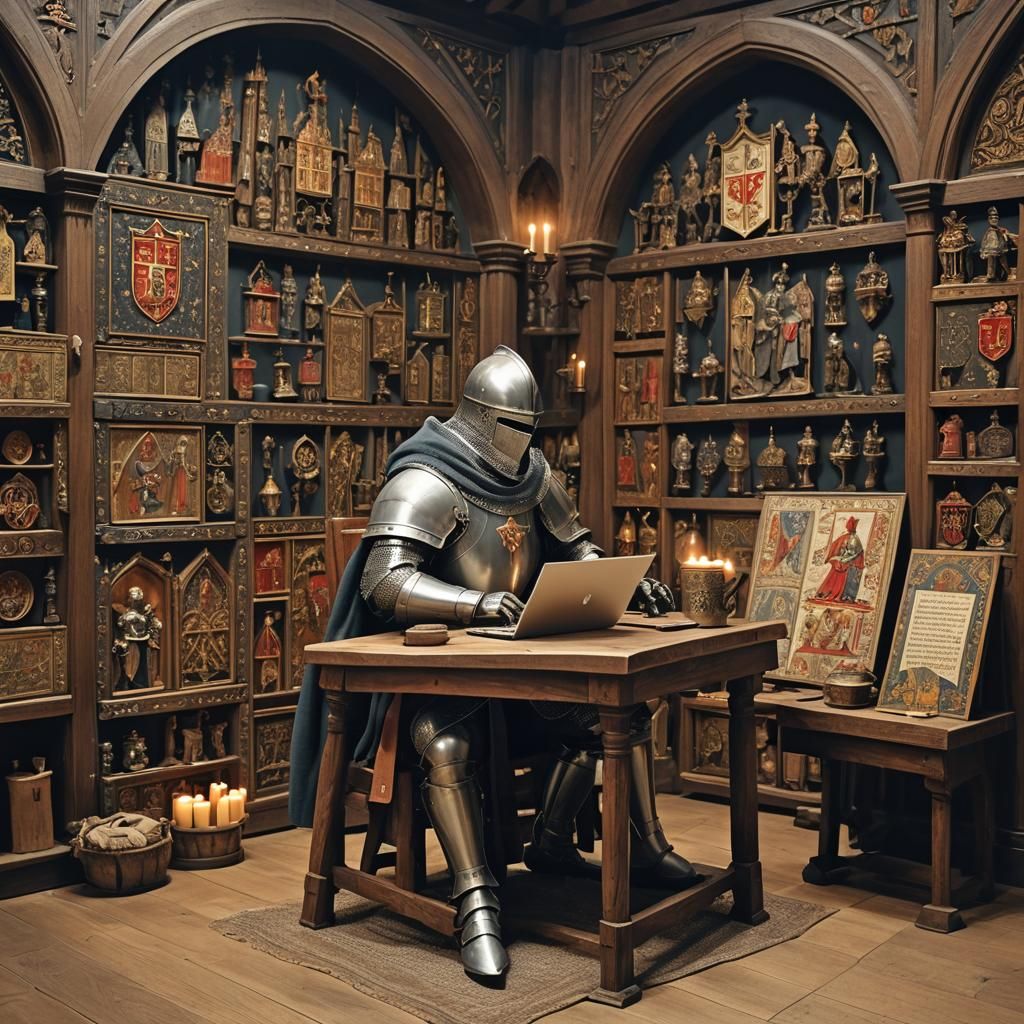 A medieval setting with a knight using a laptop