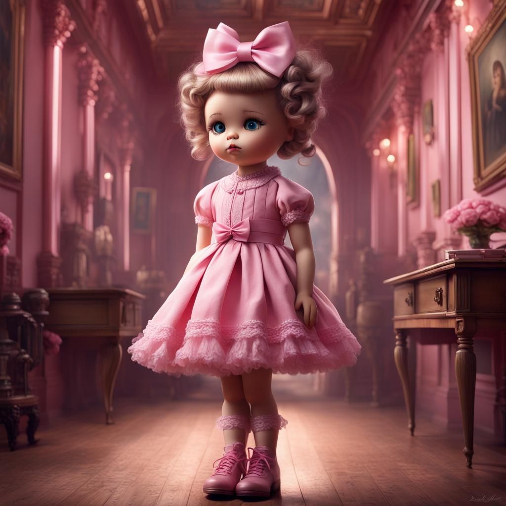 Cute Doll with Pink Bow in Digital Matte Painting
