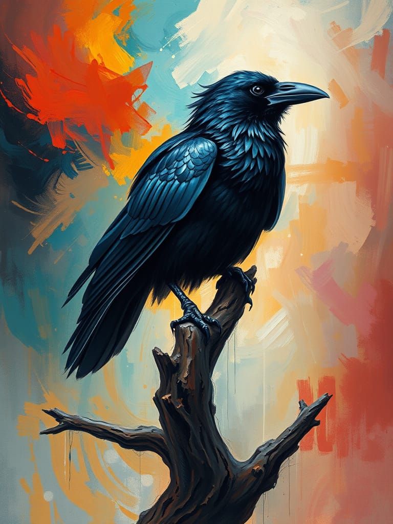 Majestic Raven in Dreamlike Impressionist Landscape