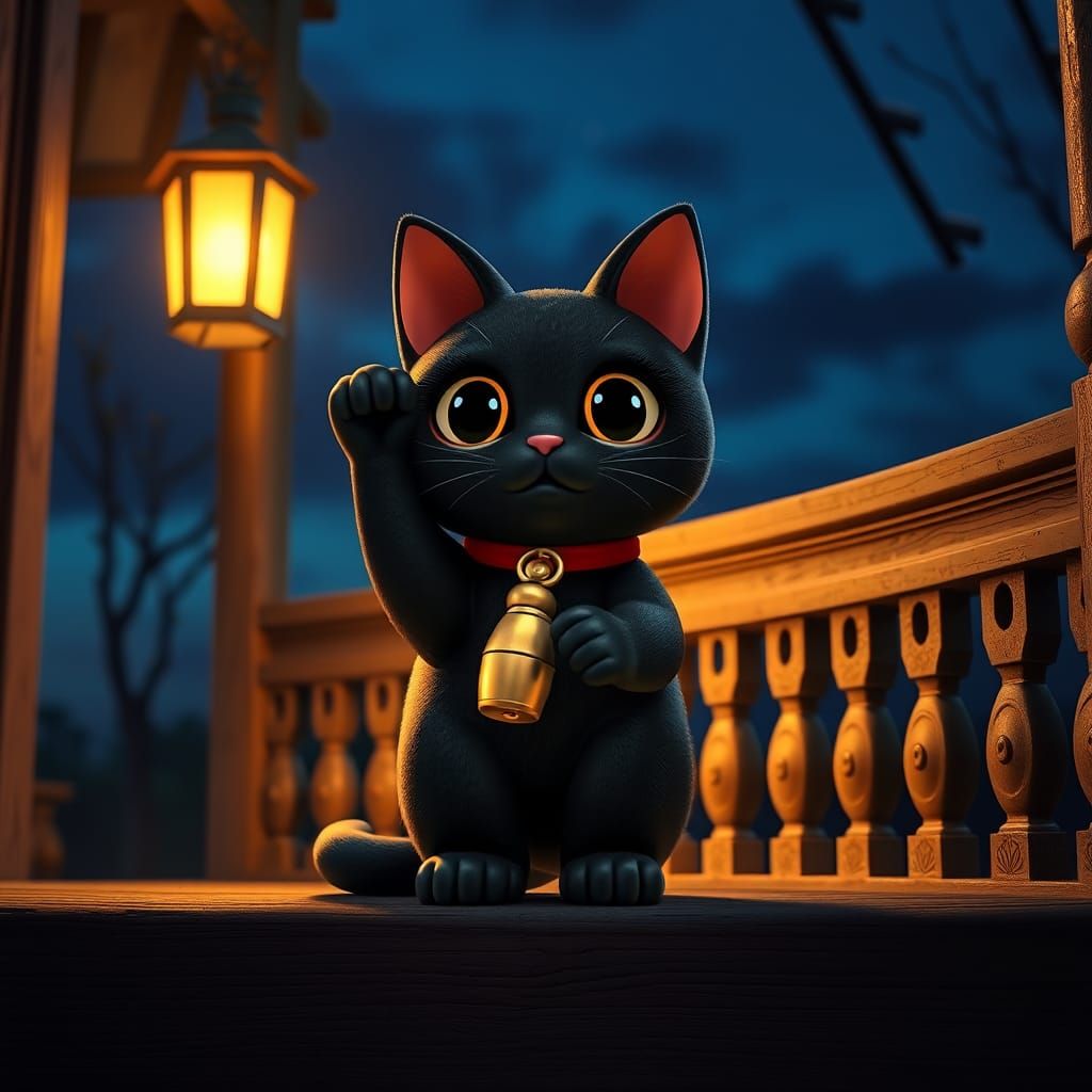 Adorable Black Cat as Maneki-neko Digital Painting