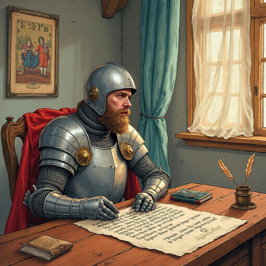 A Knight in Armor Ponders Medieval Meme in Ornate Illuminate...