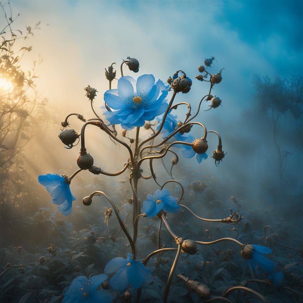Surreal Mechanical Flowering Bush in Dali Style