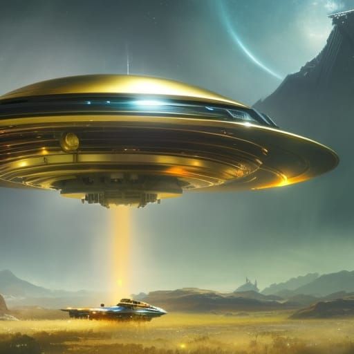 Golden UFO in Sci-Fi Cosmic Fantasy Style