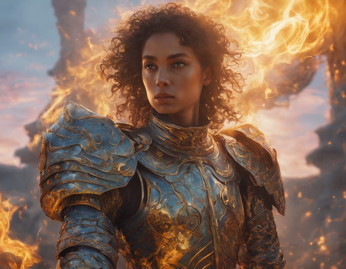 Armored Knightess with Runes in Surreal Oil Painting