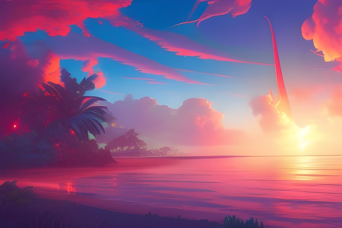 Tropical Island Volcano Sunset in Anime Style
