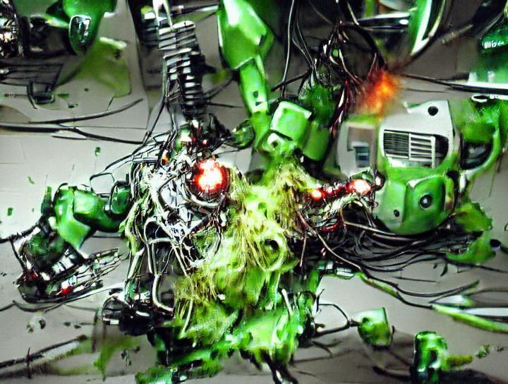 A monster robot broken robot explodes into a mess of wires and guts and gore, exploding endlessly green