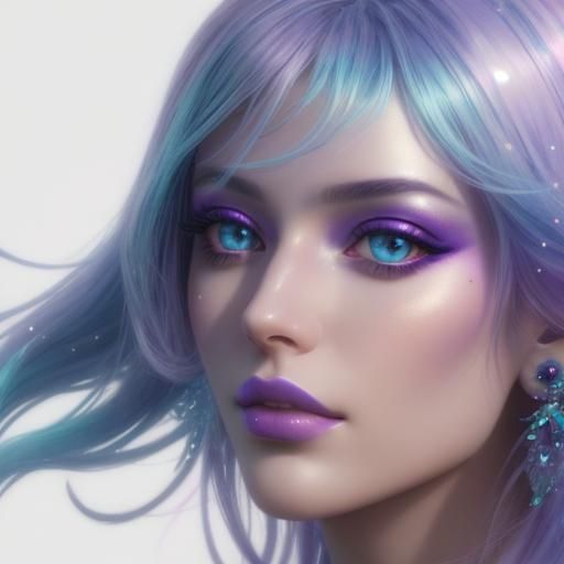 Ethereal beauty young lady with multi chromatic wavy holographic crystal blue hair with holographic lavender purple high...