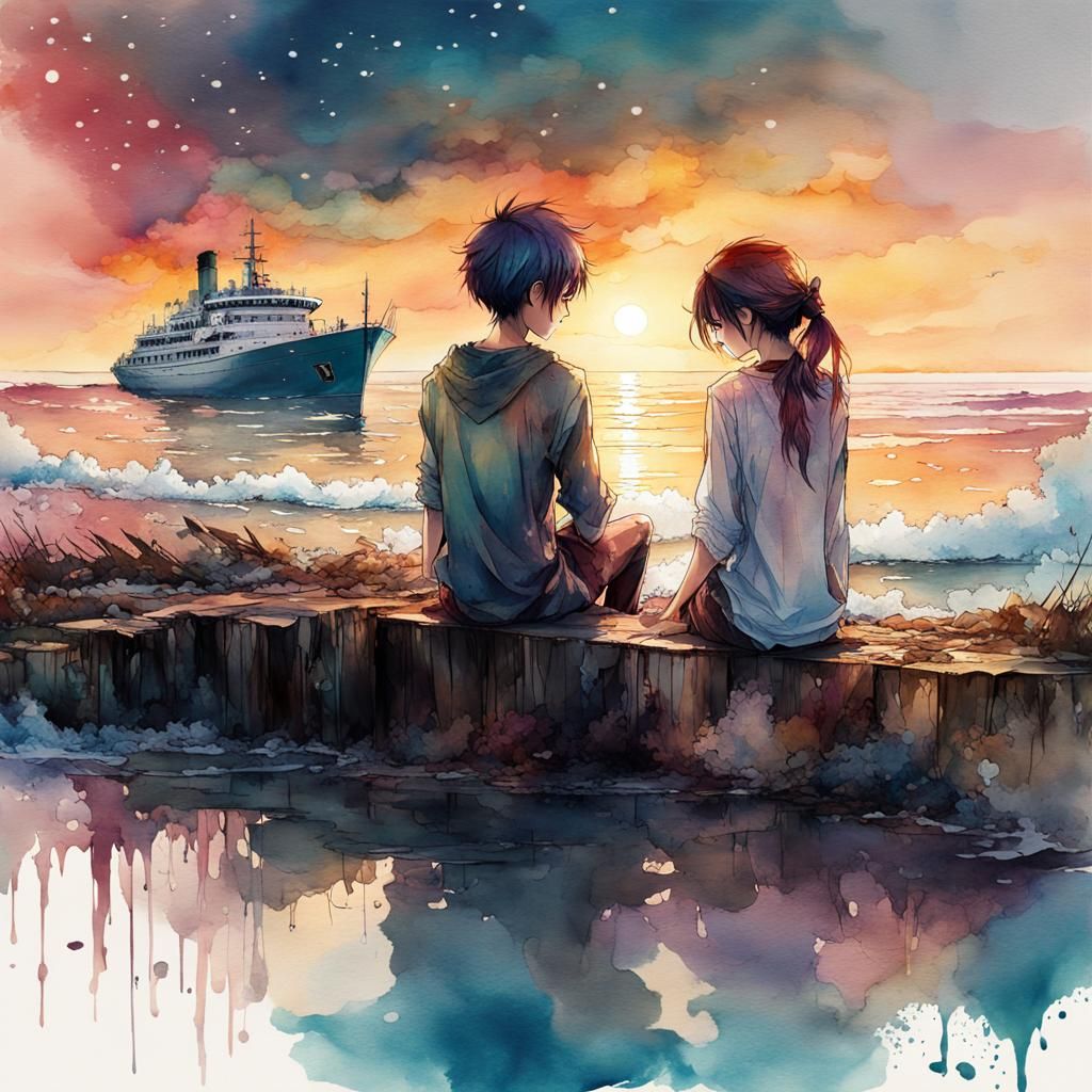 Sad Anime Couple at Sunset: Digital Watercolor Art