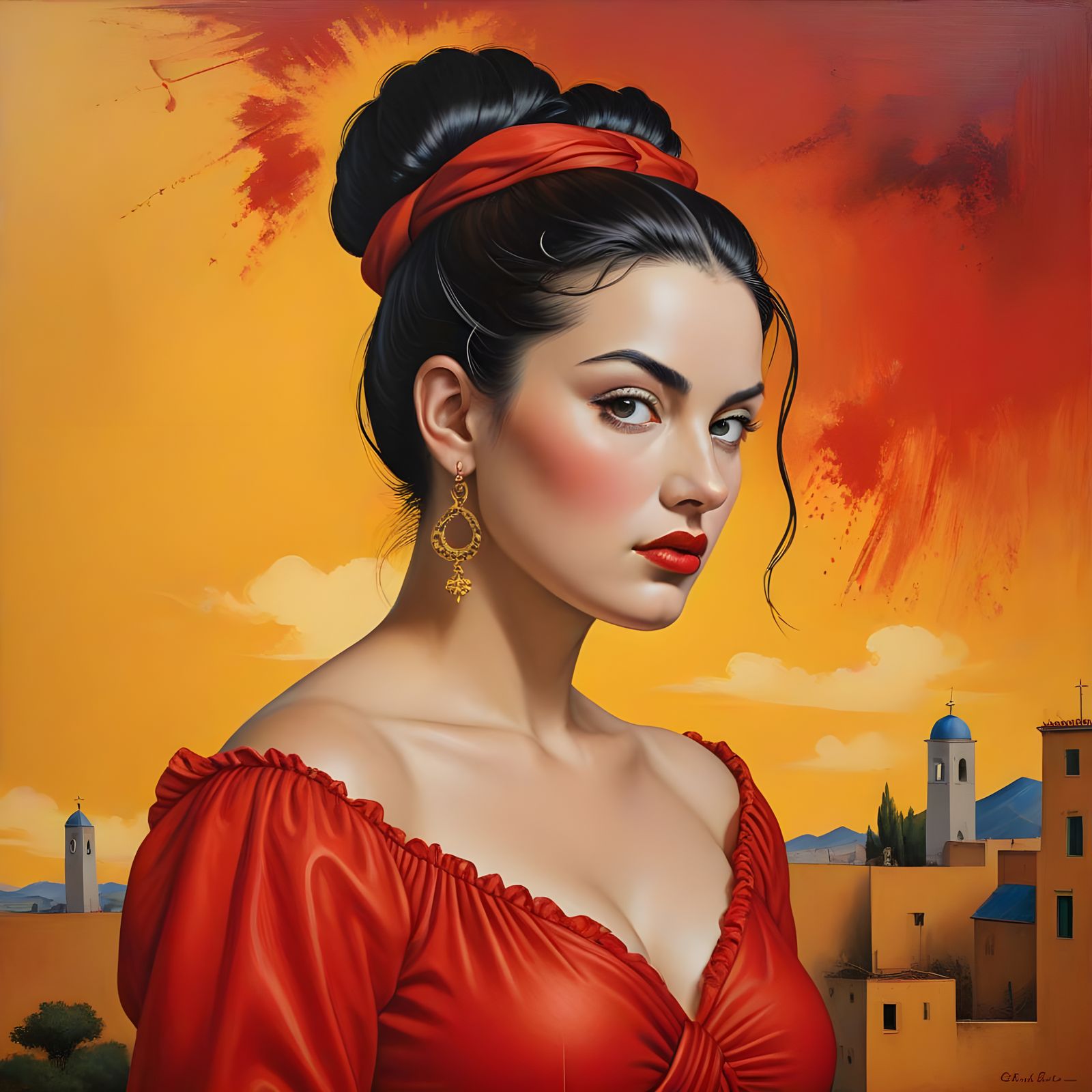 Rebellious Spanish Woman in Vibrant Sunset Landscape