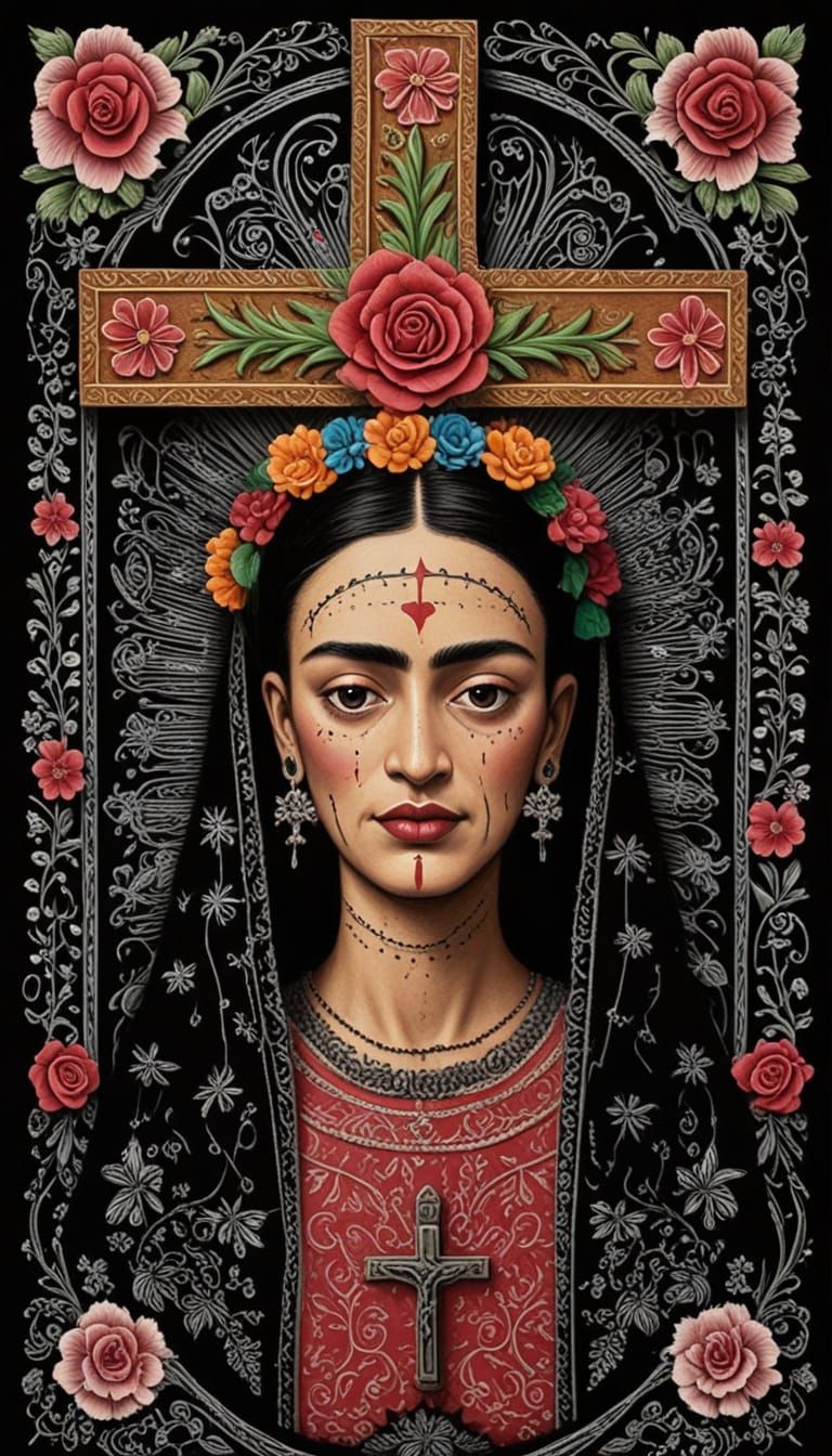 Mexican Folk Art Crucifixion Scene in Scratchboard Style