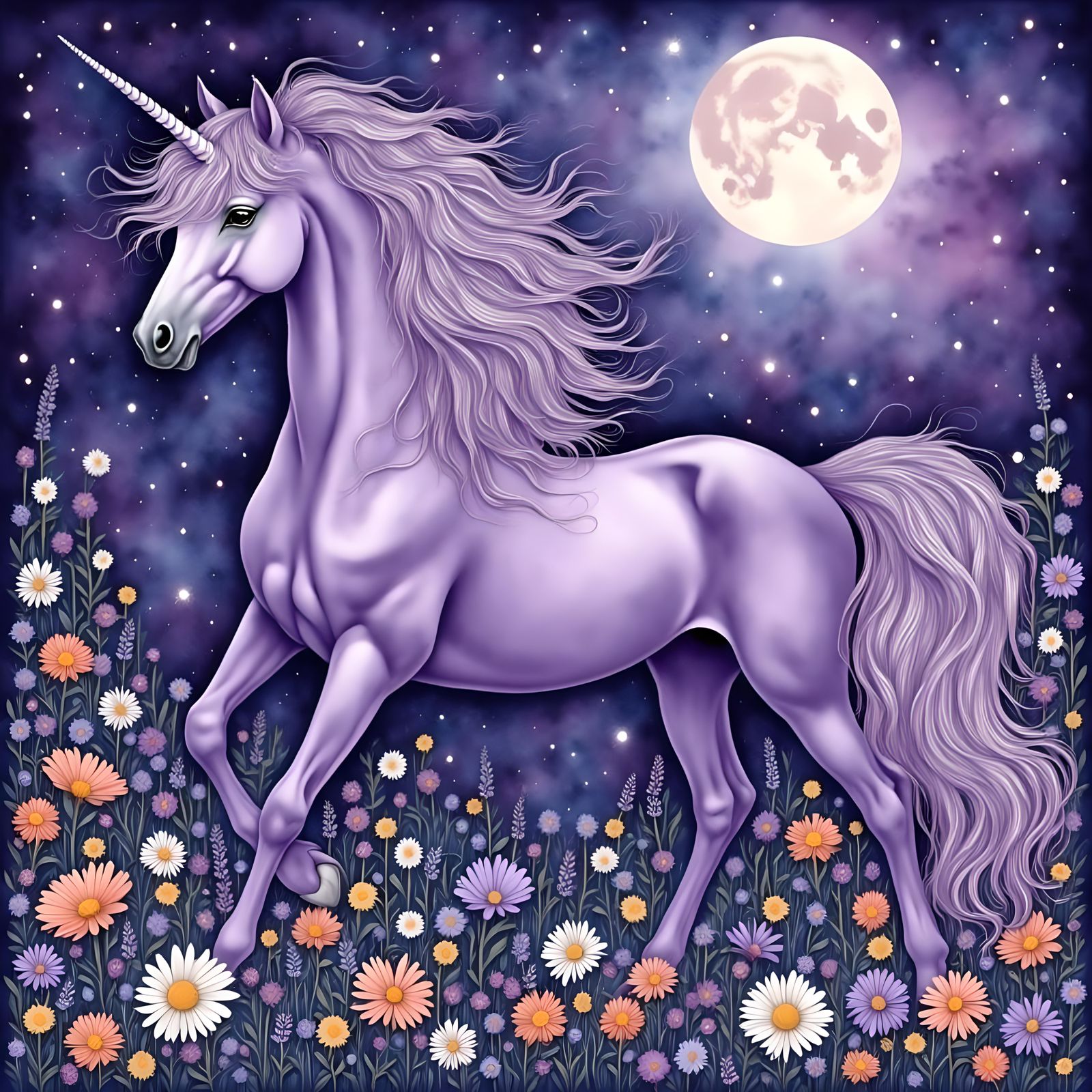 Majestic Purple Unicorn in Ethereal Meadow