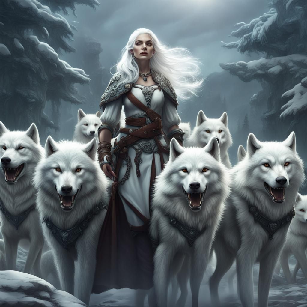 White-Haired Woman Protected by Wolves: Fantasy Art