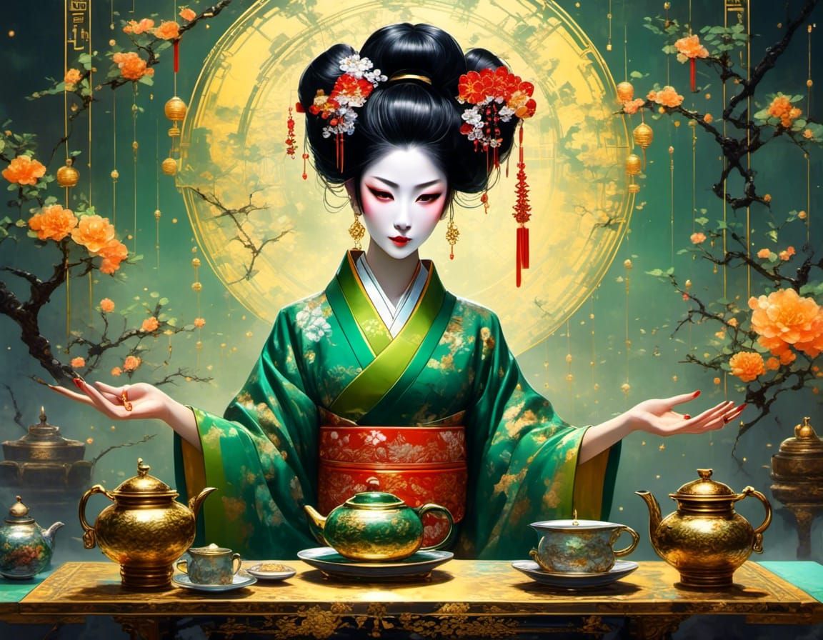 Geisha Pouring Tea in Asian Style