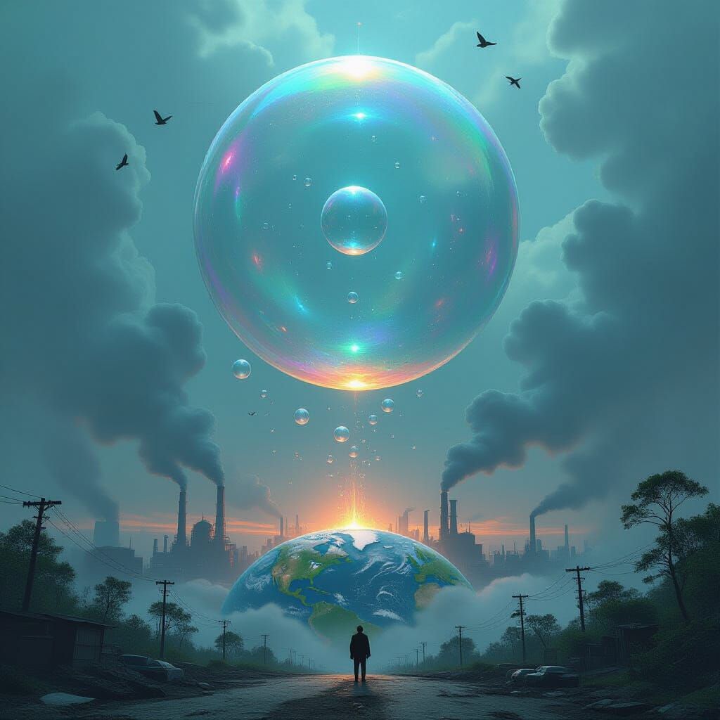 Iridescent Bubbles Rise from Dystopian Earth