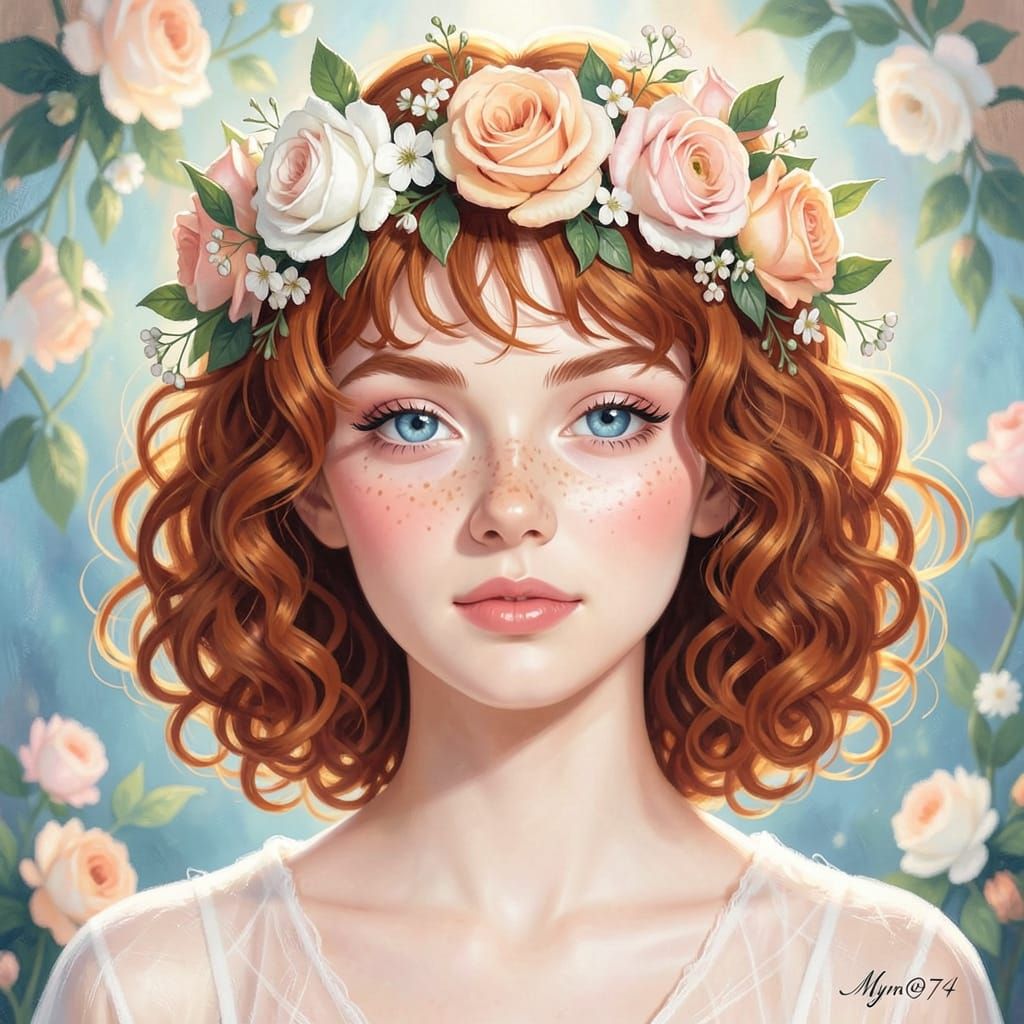 Young Woman with Fiery Hair and Floral Crown Portrait