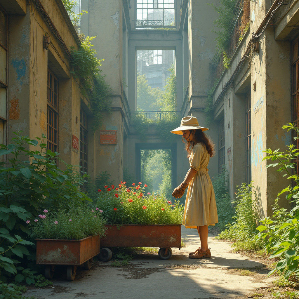 Urban Gardener in Abandoned Tower, Dreamlike Watercolor