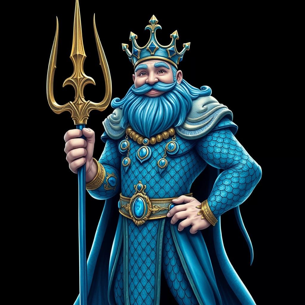 mystical figure of a smiling, friendly king triton. he is in metallic blue and standing with his trident. black backgr...