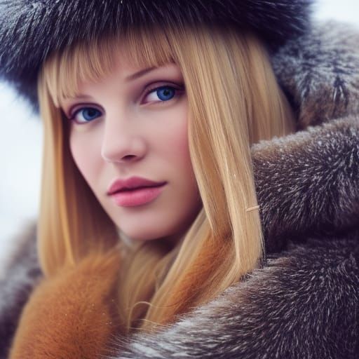 Attractive Blonde in Fur Hat, Snowy Woods Portrait