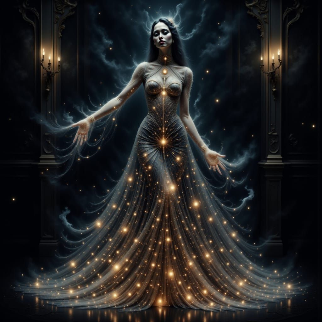 Glowing Spirit Woman Dancing in Dark Victorian Room