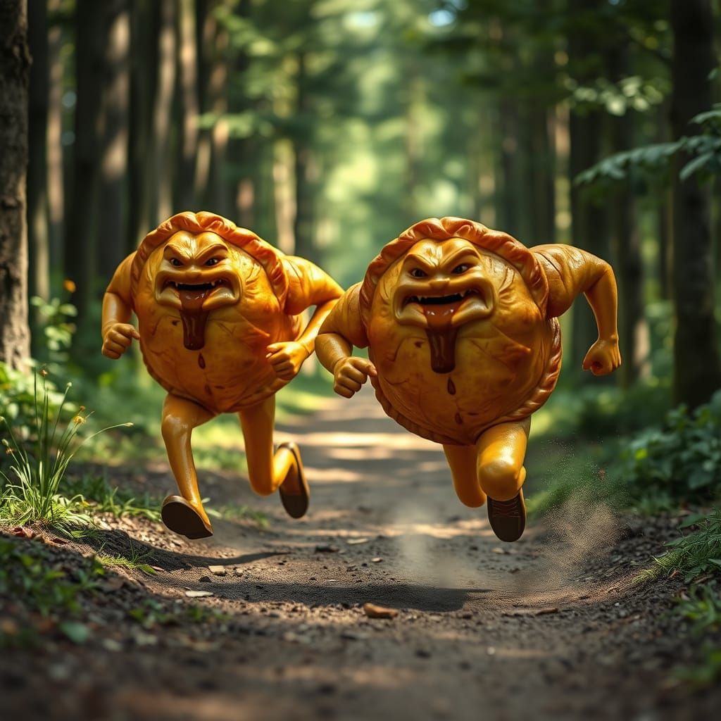 Anthropomorphic Cornish Pasties Run a Forest Trail