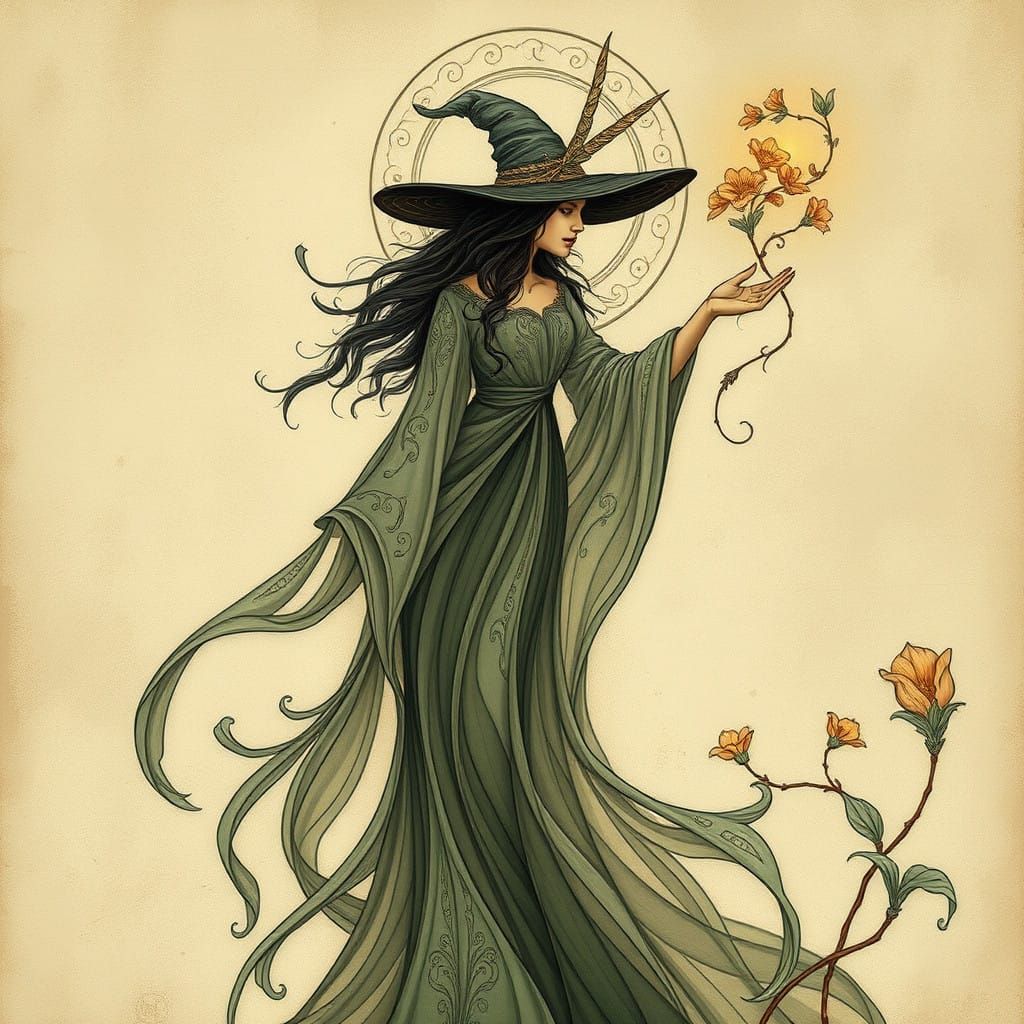 Ethereal Art Nouveau Portrait of a Mystical Witch