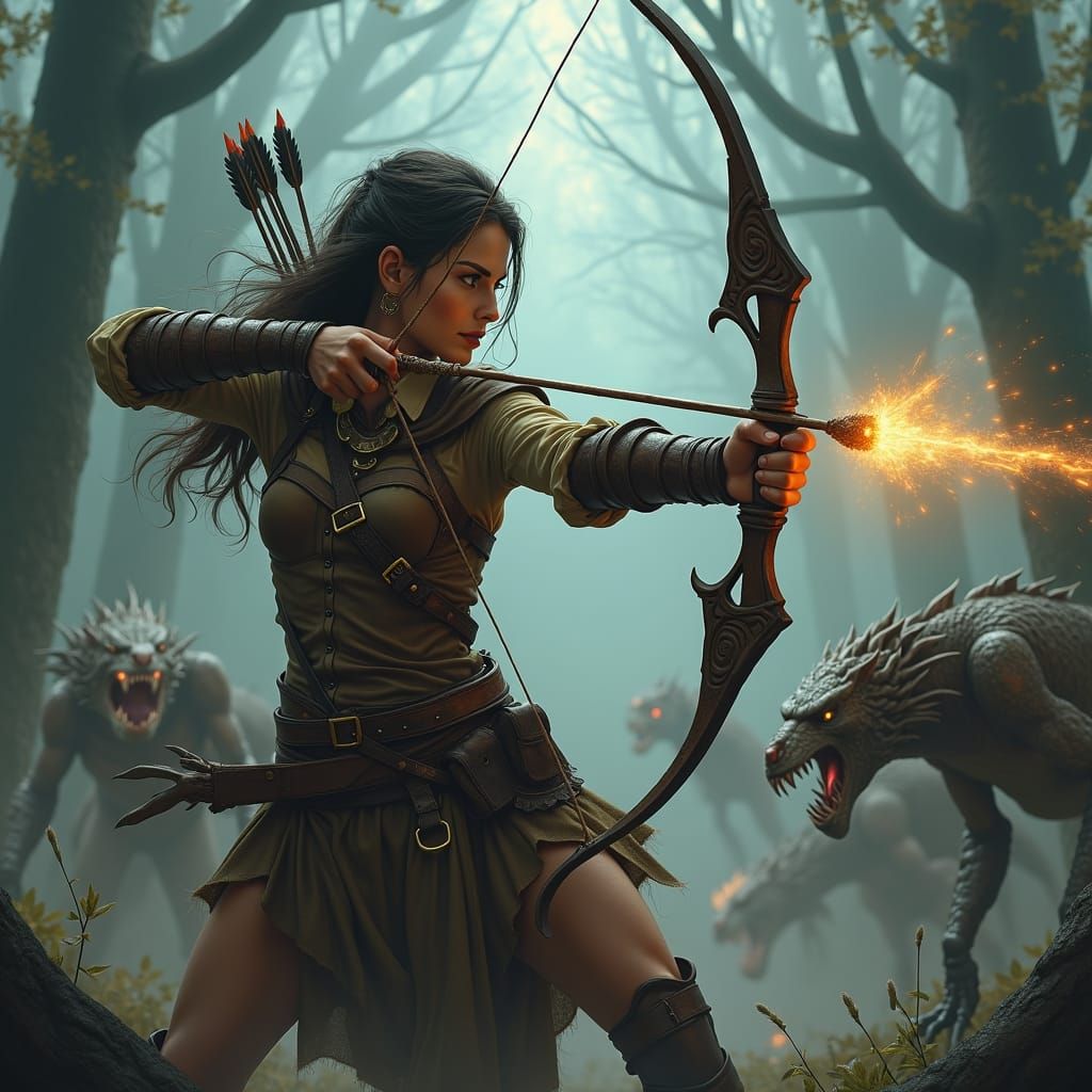 Majestic Ranger Woman Battles Scaled Creatures