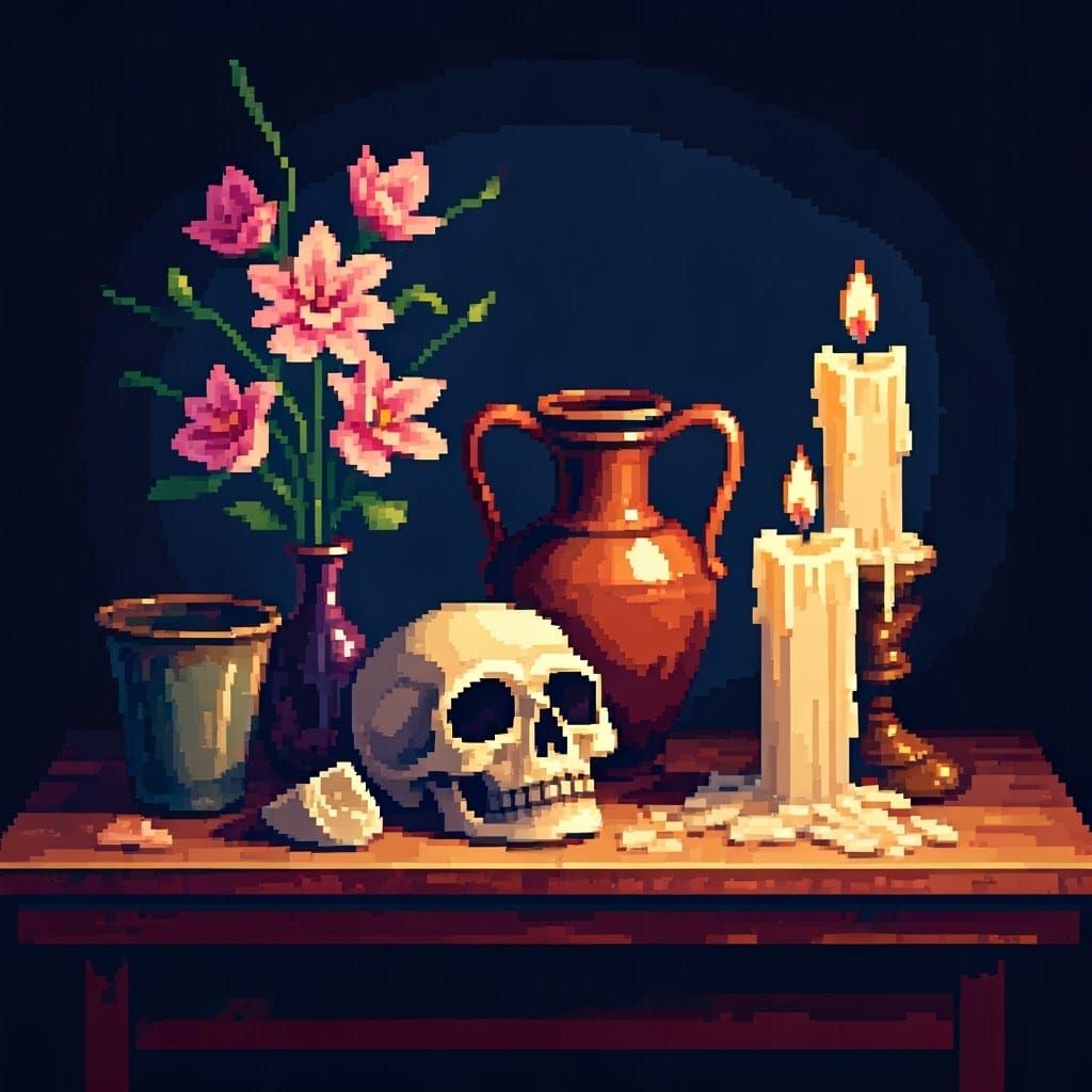 16-bit Pixel Art Still Life with Skull and Vase