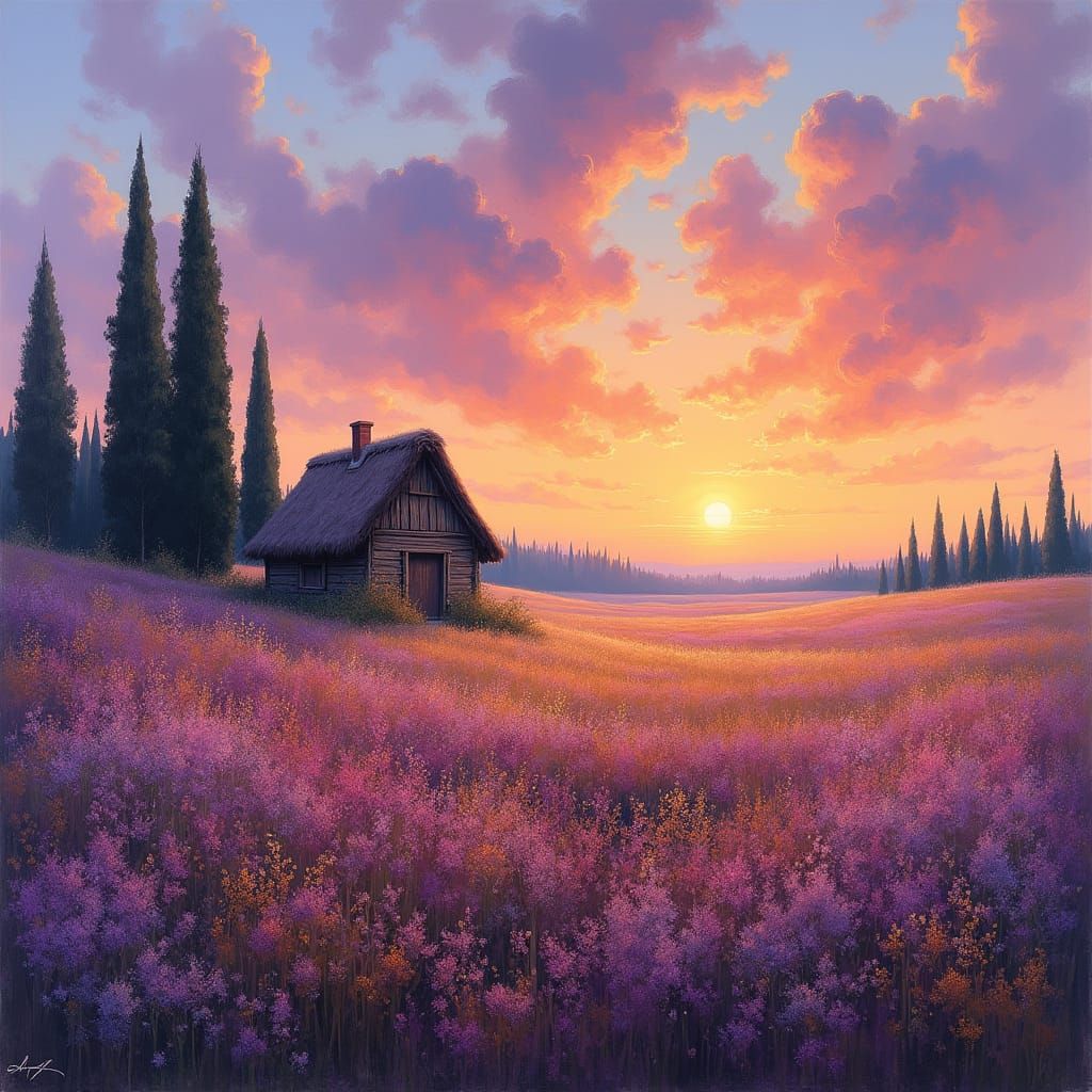 Impressionist Sunset Landscape with Flower Field