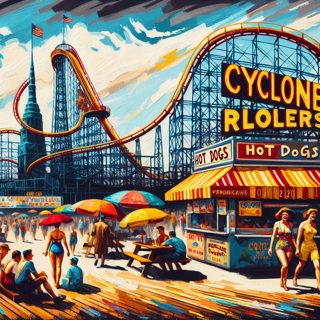 Coney Island Boardwalk Scene in Abstract Expressionist Style