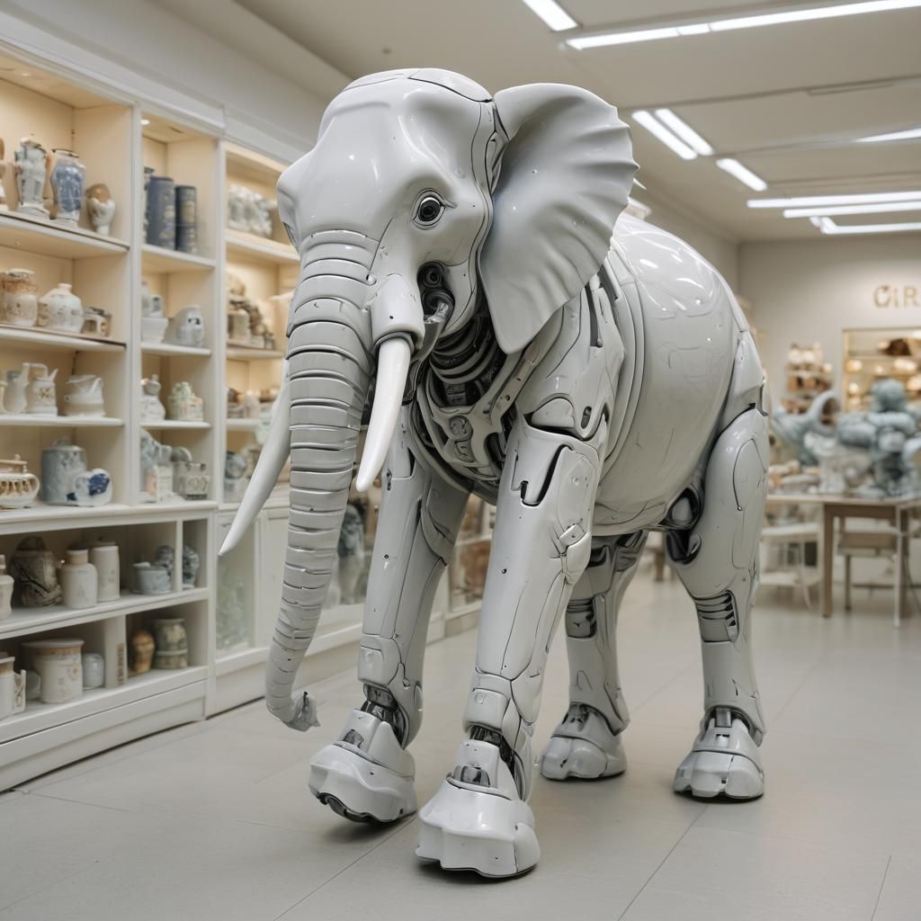 A robot elephant walking in a porcelain store, clean oil pai...