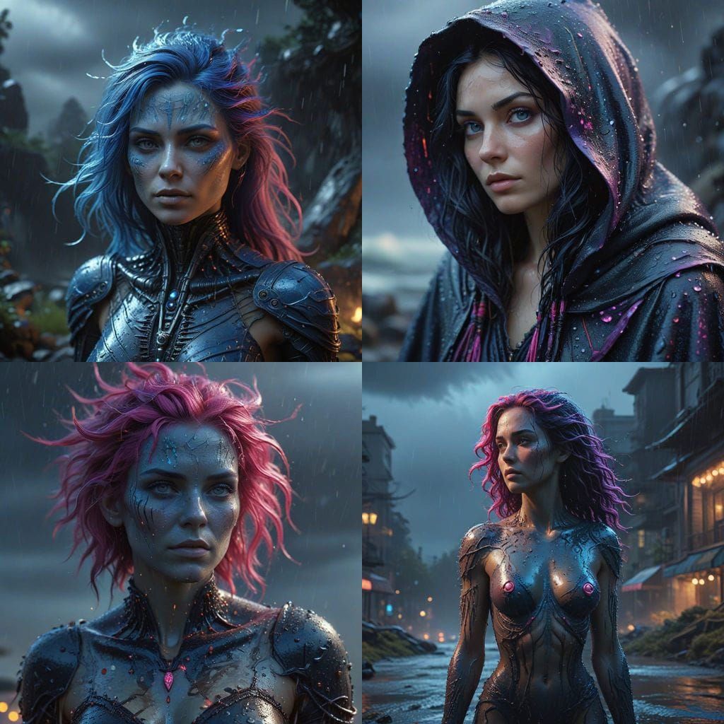 Ethereal Witch in Heavy Rain, Impressionistic Brushstrokes