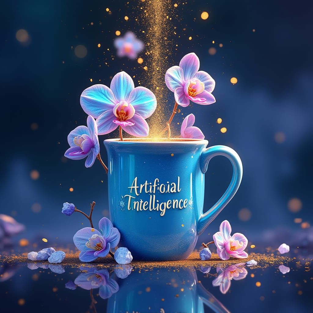 AI Coffee Mug with Bioluminescent Orchids, Ghibli Style