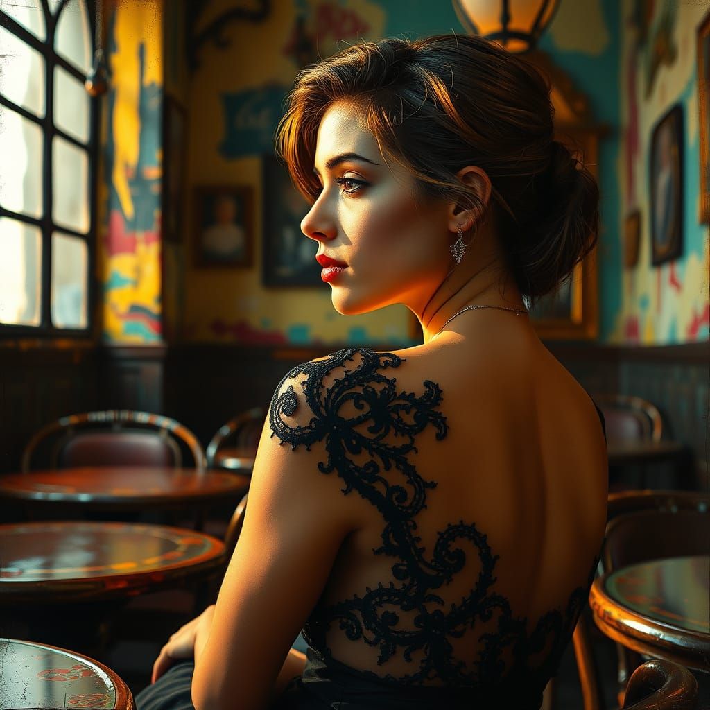 Woman Lost in Thought in a Vintage Cafe Scene