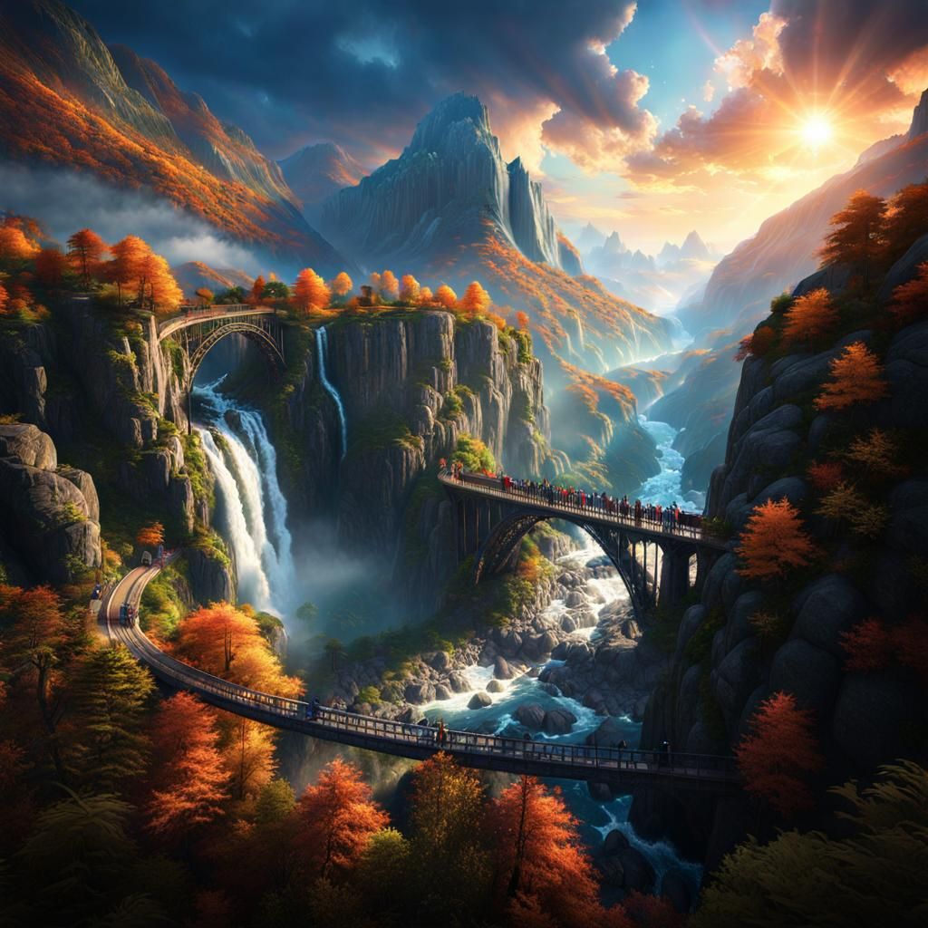 Majestic Mountain Gorge with Waterfalls: Fantasy Concept Art