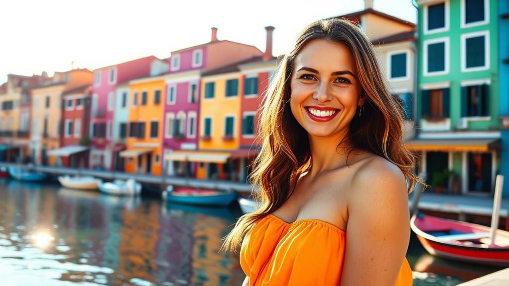 Woman in Colorful Burano by Water