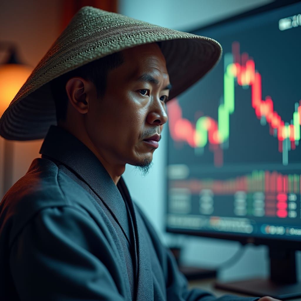 Monk Contemplates Trading Charts in Dynamic Lighting