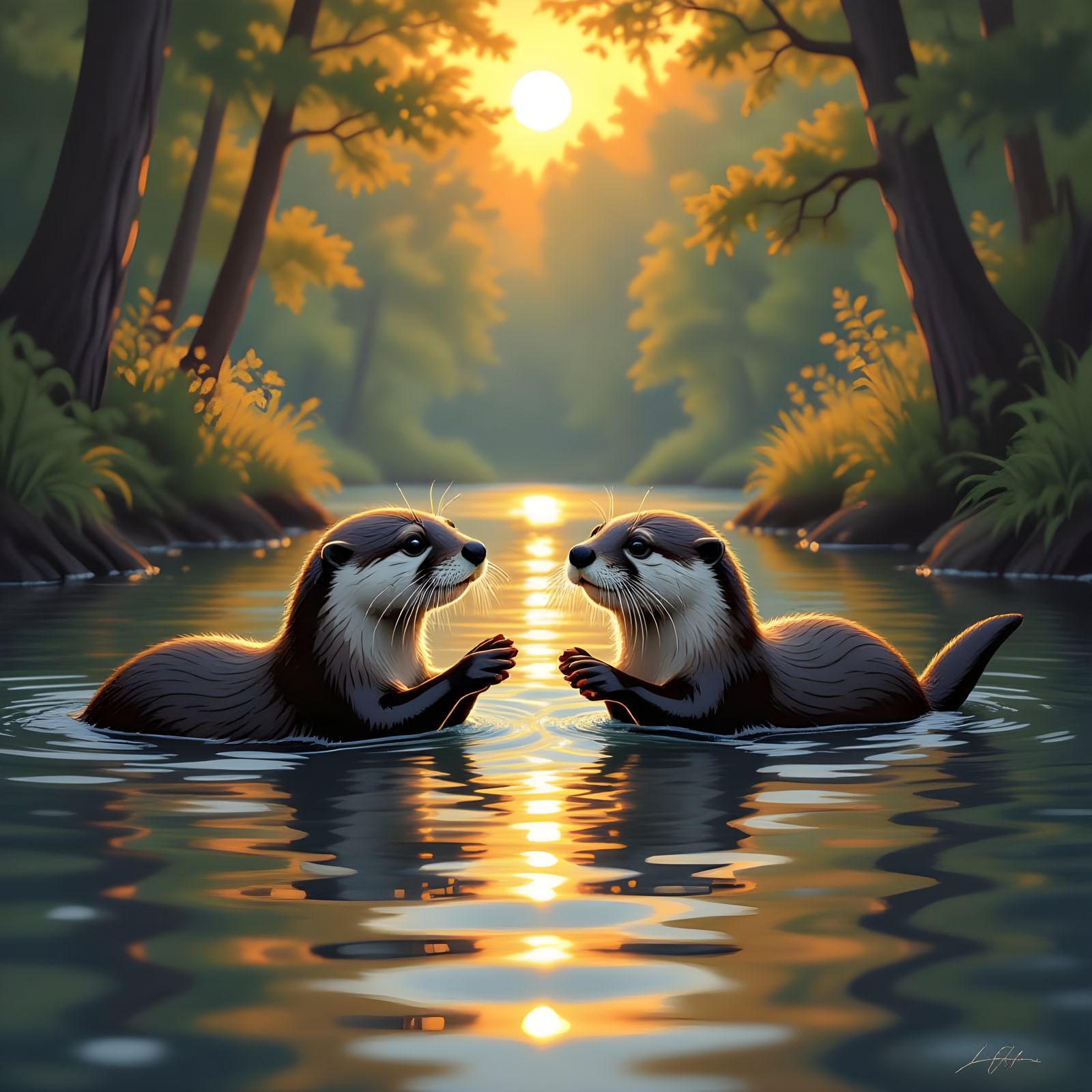 Cute River Otters Playing in Lush Woods