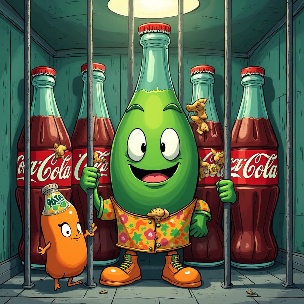 Green Bottle Hero Dollynho Imprisoned in a Colorful Jail