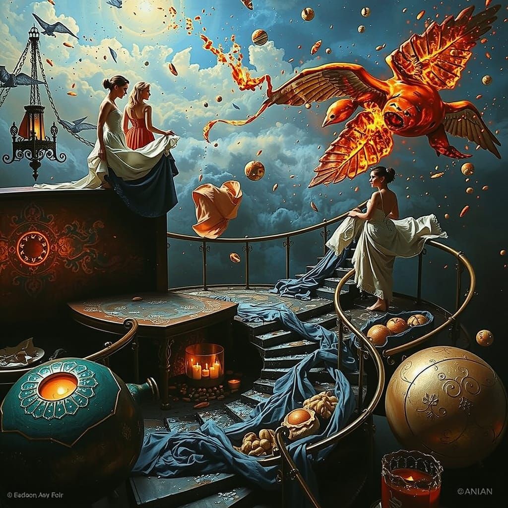 Elegant Women Ascend Celestial Staircase in Vivid Sky