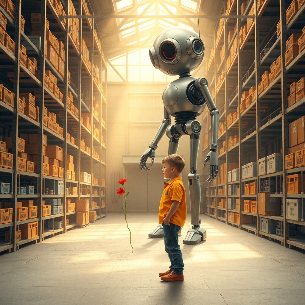 Boy Gives Flower to Robot in Futuristic Factory