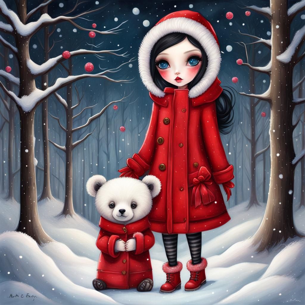 Porcelain Doll and Teddy Bear in Snow