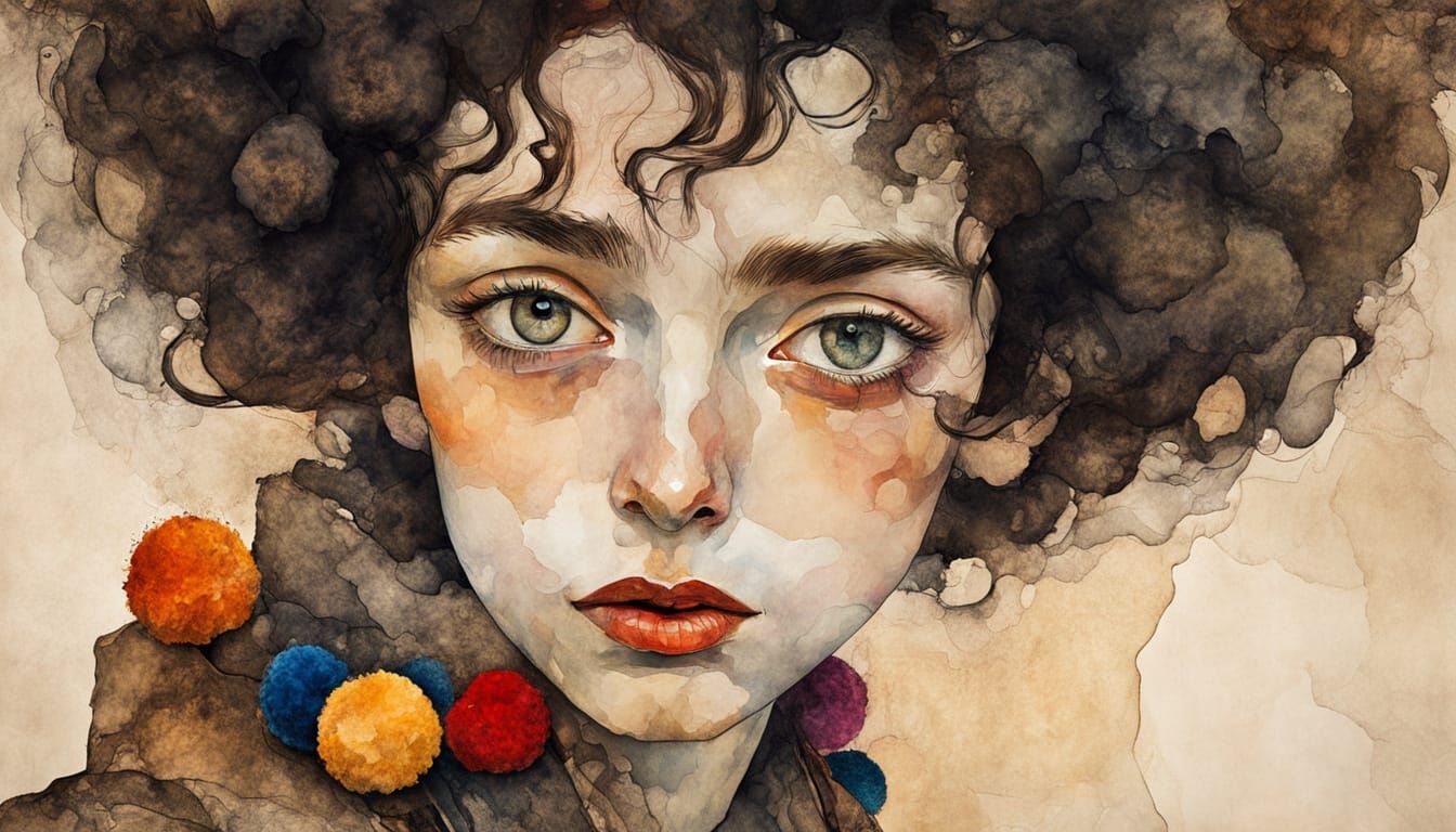 Abstract Pom Poms Portrait in Watercolor Style