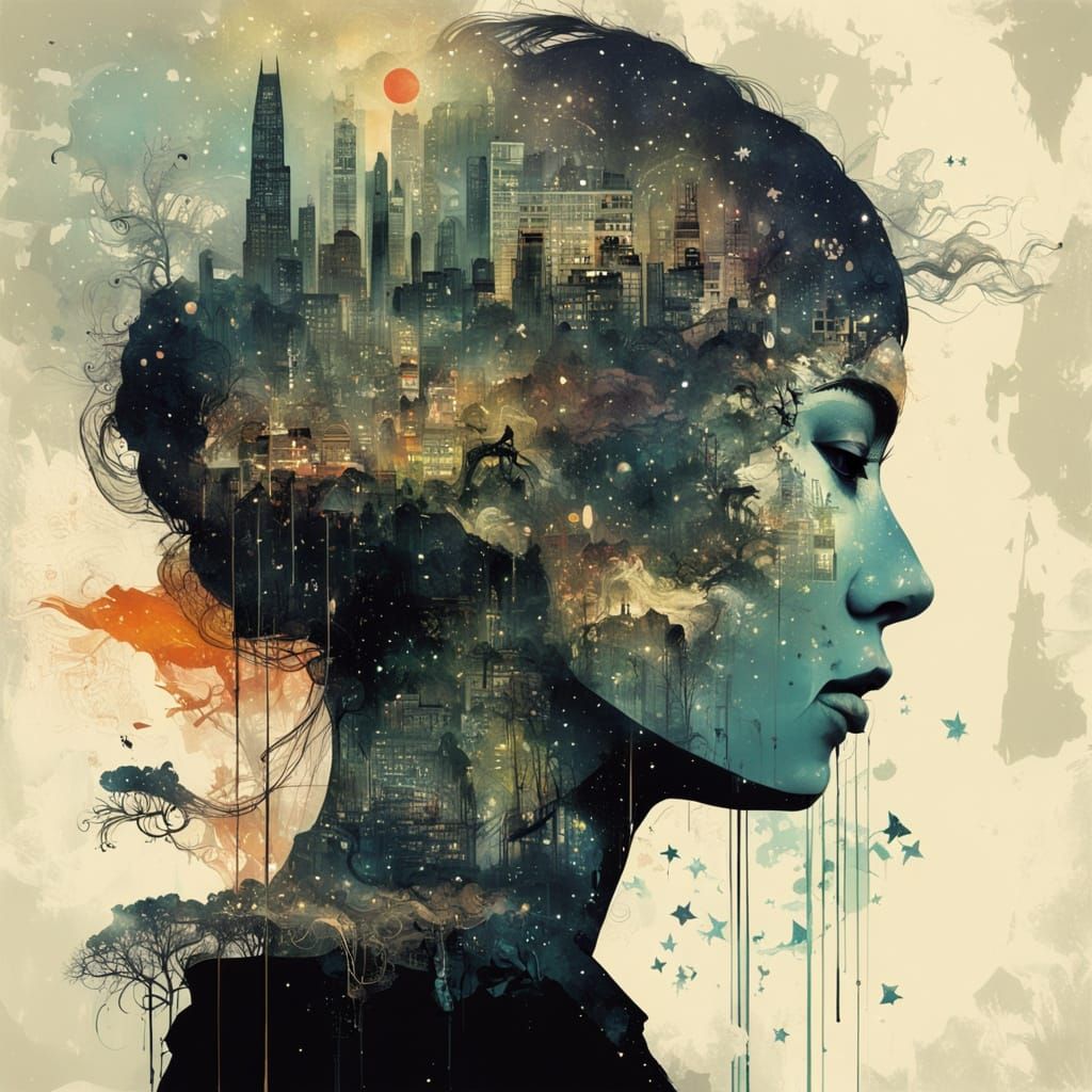 Double Exposure Galaxy Cityscape with Princess Silhouette