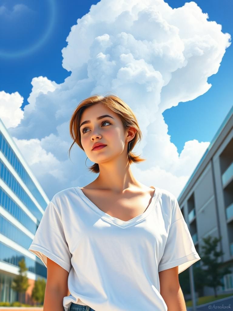 Campus Woman Under Summer Clouds, Watercolor Style