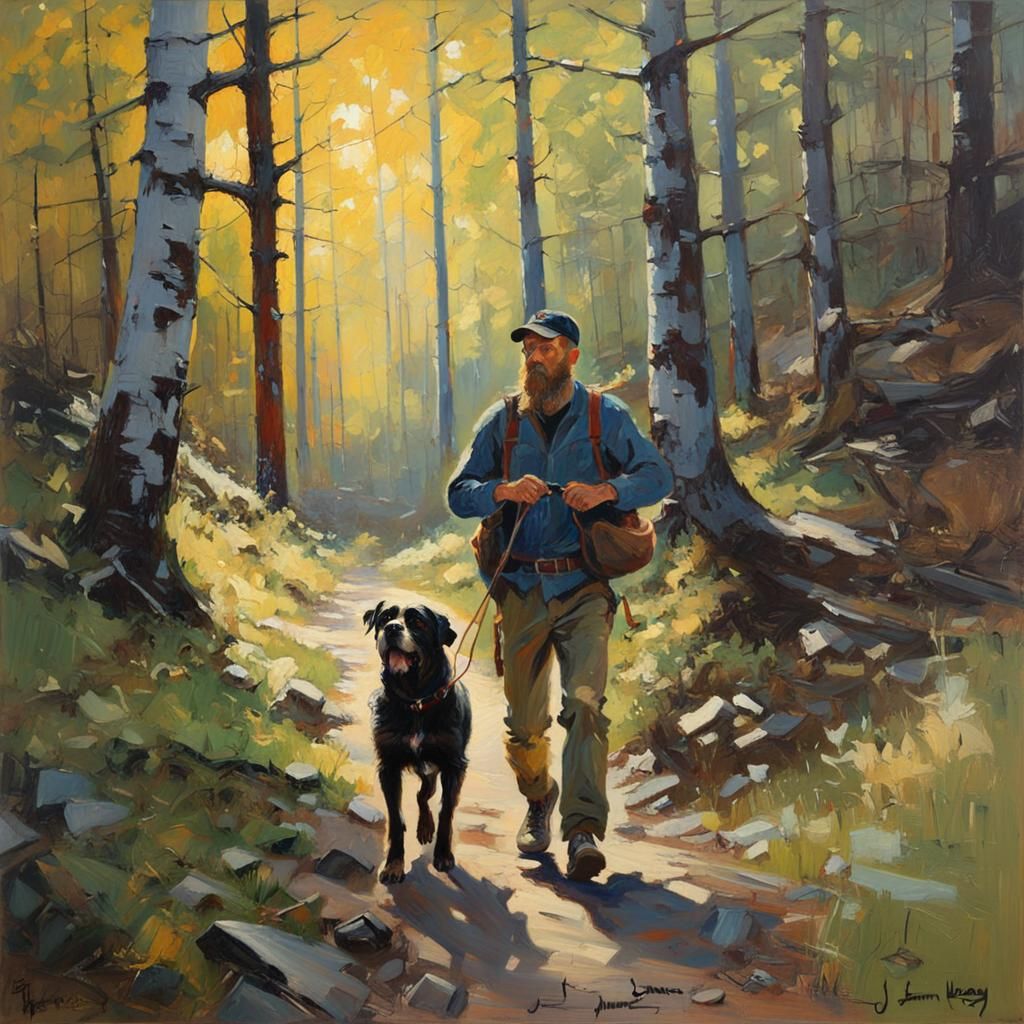 Bearded Man Hiking with Dog: Oil Painting