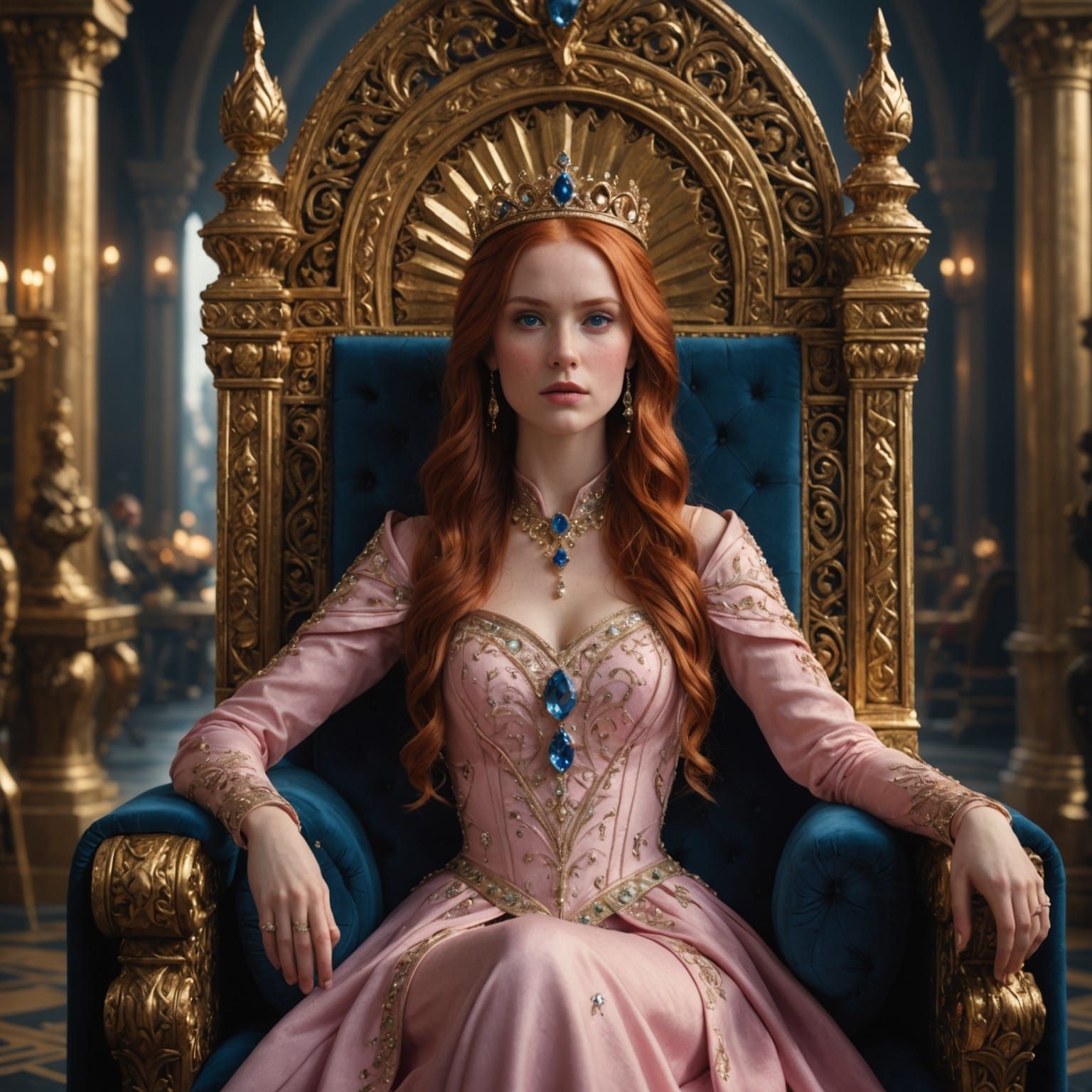 Princess with Red Hair on Golden Throne