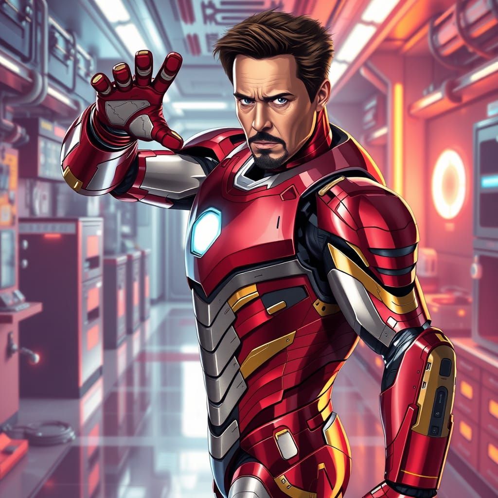 Heroic Iron Man in Futuristic Laboratory