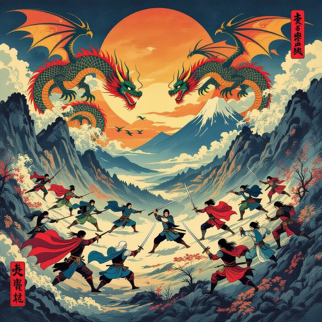 Lord of the Rings Characters Battle Dragons in Utagawa Kuniy...