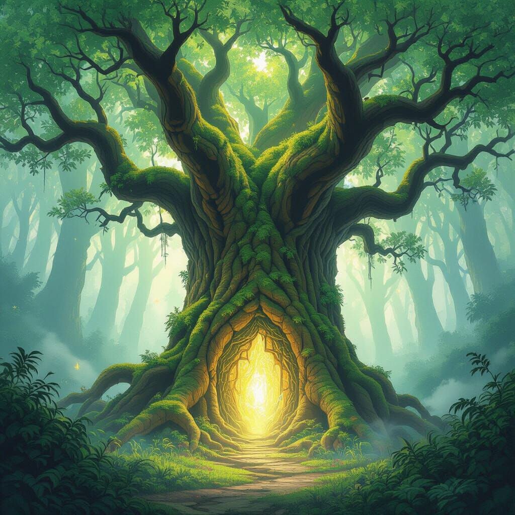 Mystical Tree with Glowing Portals in Ghibli Style