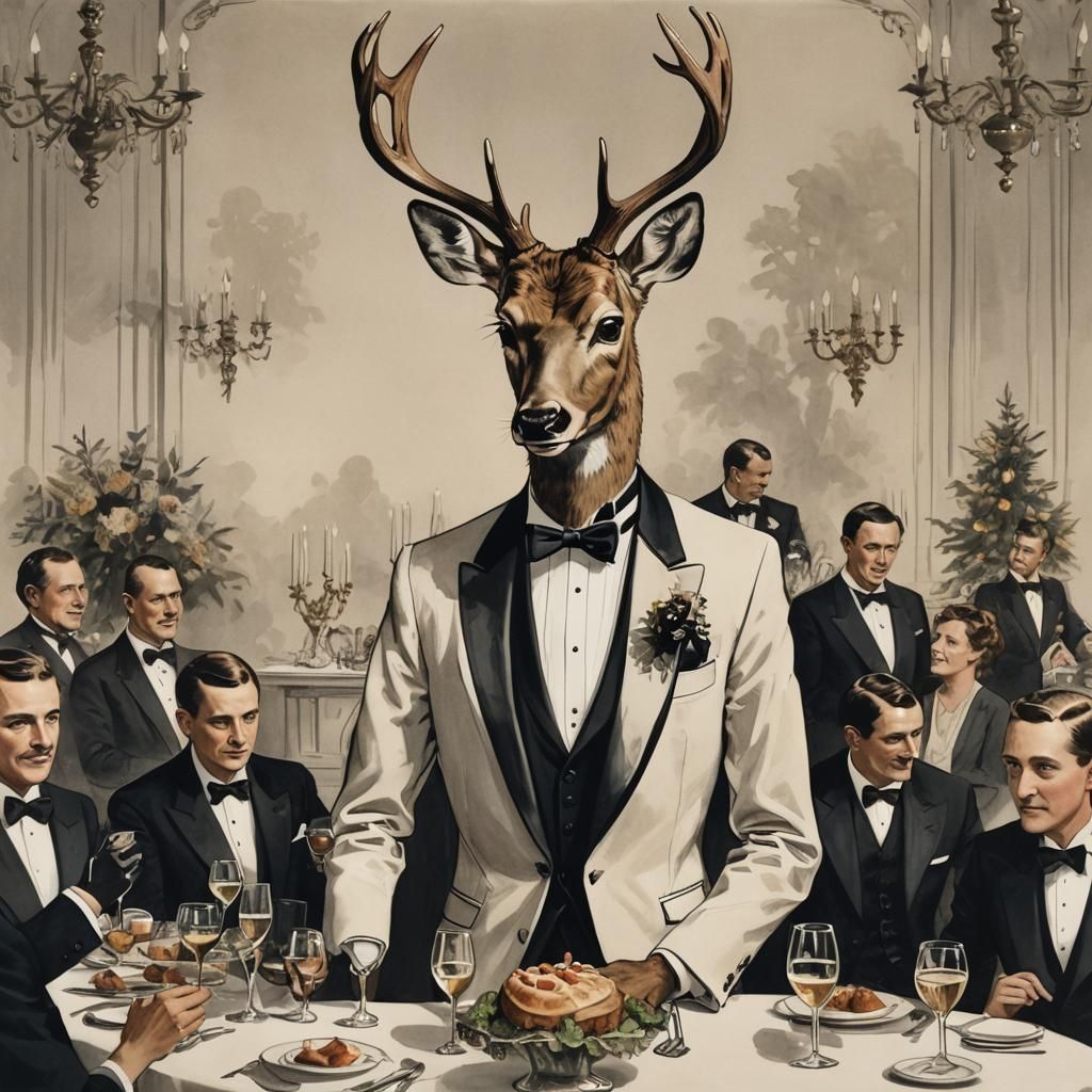 Anthropomorphic Deer in Tuxedo at Dinner Party